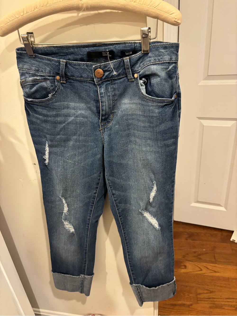 1822 Denim Women’s Distressed Boyfriend Jeans in Medium Blue